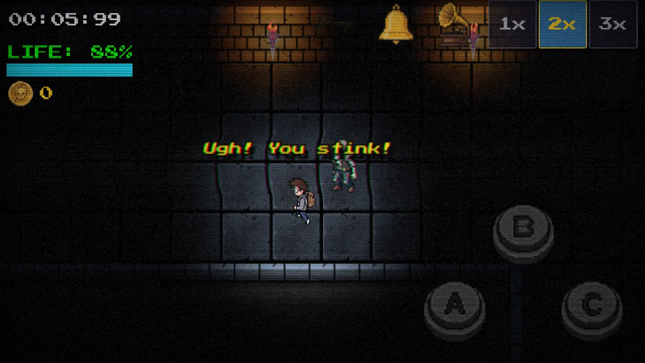 The player in a dark corridor while a zombie says: Ugh! You stink!
