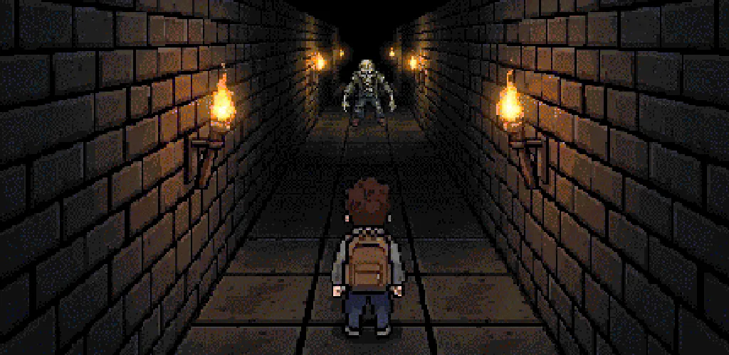 aMazeMe hero facing a zombie in a torch-lit dungeon corridor