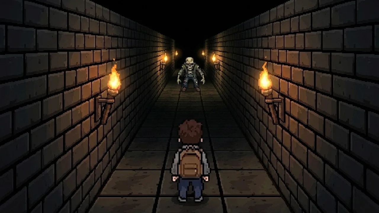 The aMazeMe hero facing a zombie at the end of a torch-lit dungeon corridor