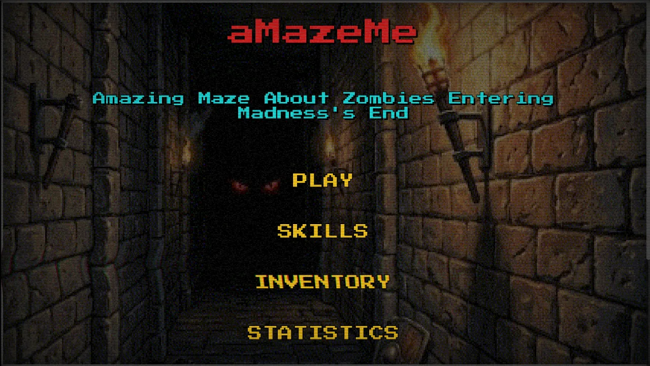 aMazeMe main menu over a torch-lit dungeon corridor