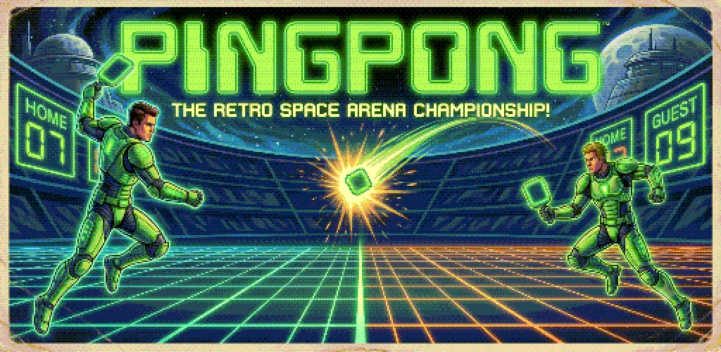 PingPong key art: an armored player hits a glowing ball in a neon space arena