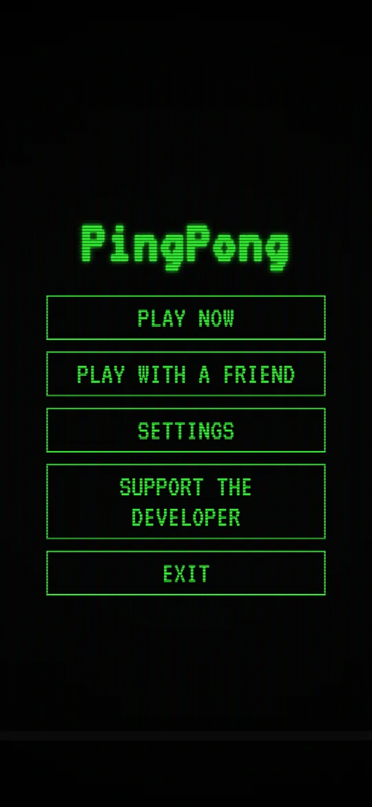 PingPong main menu: Play now, Play with a friend, Settings, Support the developer, Exit