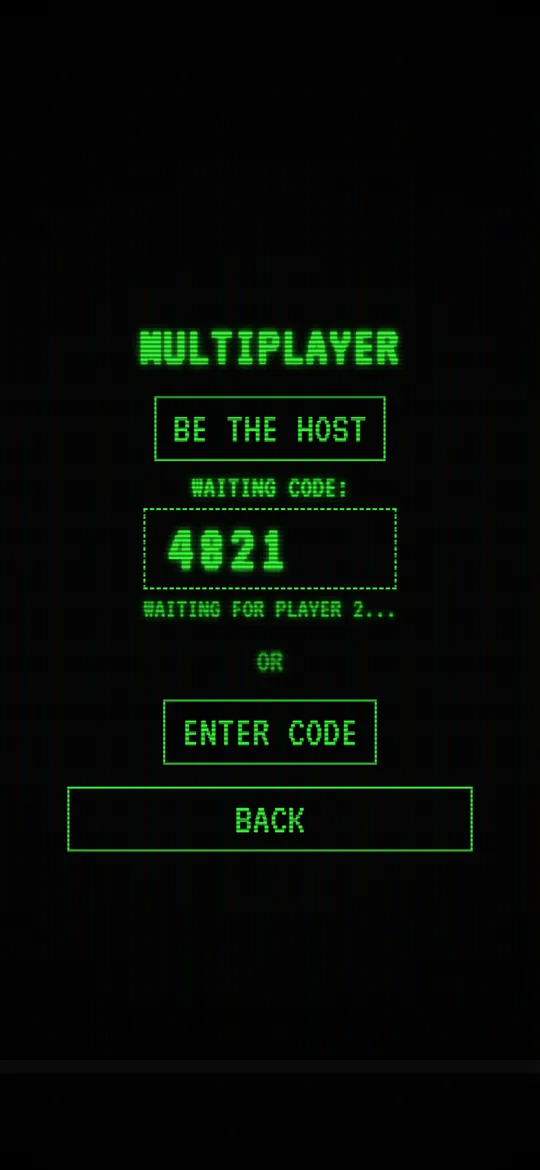 Multiplayer screen showing a 4-digit code while waiting for player 2