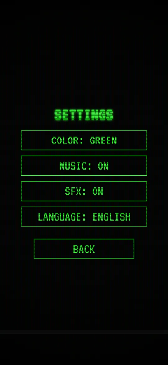Settings screen: color, music, sound effects and language